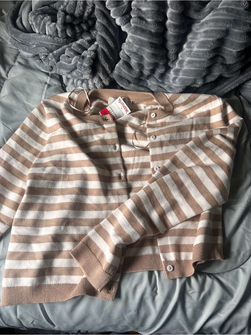 T.J.Maxx Beige and White Striped Button Cardigan